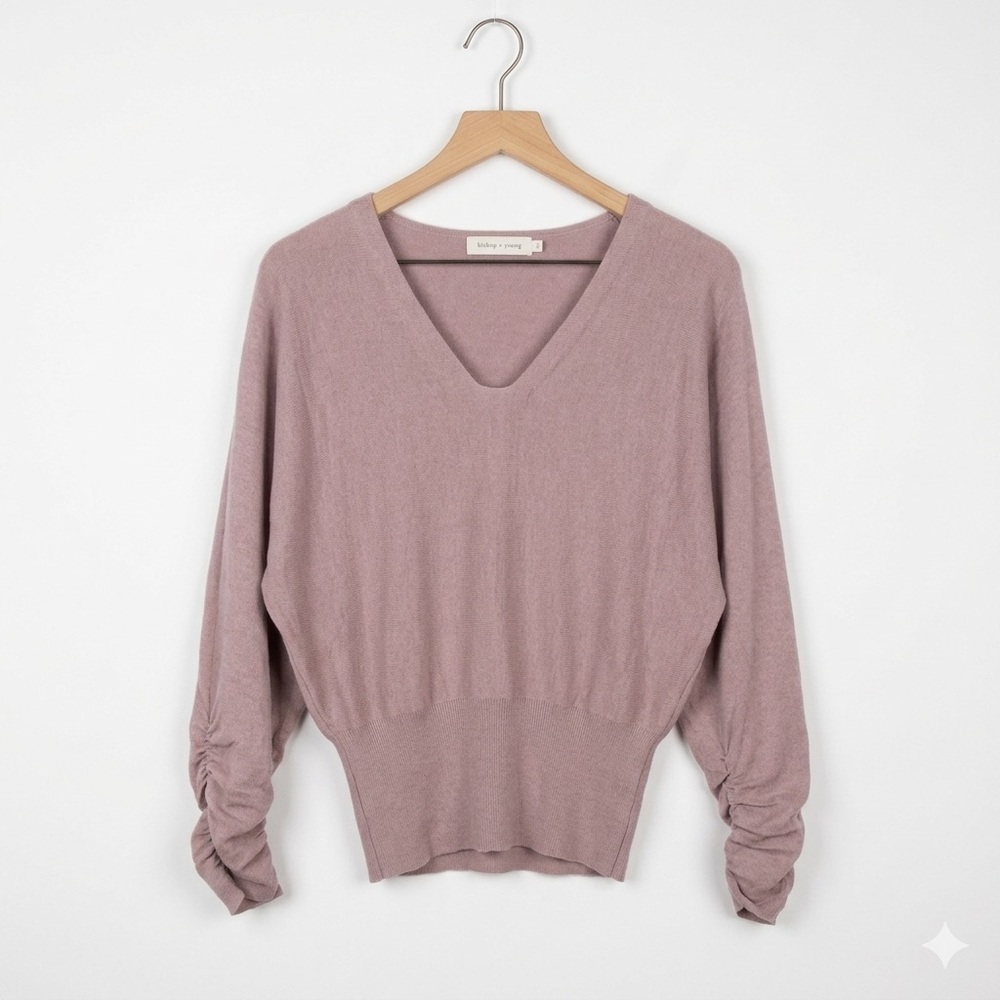 Bishop + Young Willow Ruched Sleeve V-Neck Blouson Sweater Mauve Large
